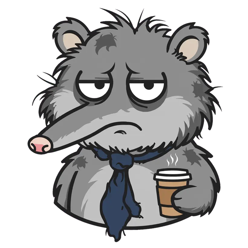 Perry the exhausted possum holding coffee